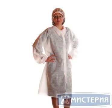 Халат р-р 50-54 [XL], 20 гр/м2, бел., нетк. мат-л СМС, 10 шт/упак 10 упак/кор КИТАЙ
