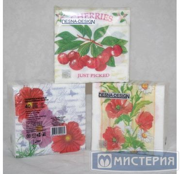 Салфетки 250х250 мм 1-сл., "диз. в ассорт.", разноцв., бум., 40 шт/упак "Desna Design" 32 упак/кор РОССИЯ -