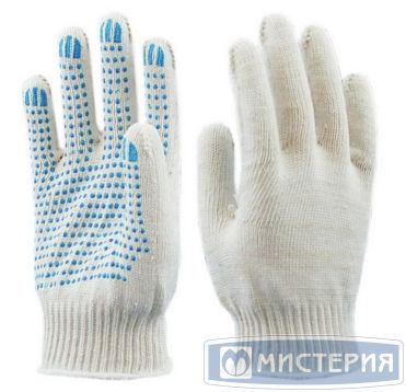 Перчатки нитяные, диз. "Точка", 5 нит., 10 кл., бел., Х/Б+ПВХ, 10 пар/упак 300 пар/кор РОССИЯ
